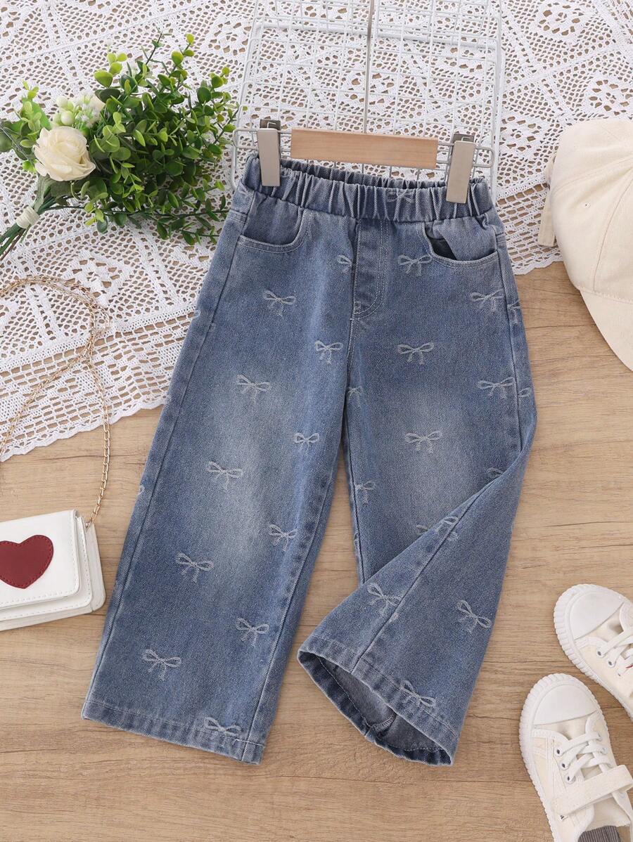 Jeans de mezclilla de diseño con moño de estilo casual para niña, para el verano