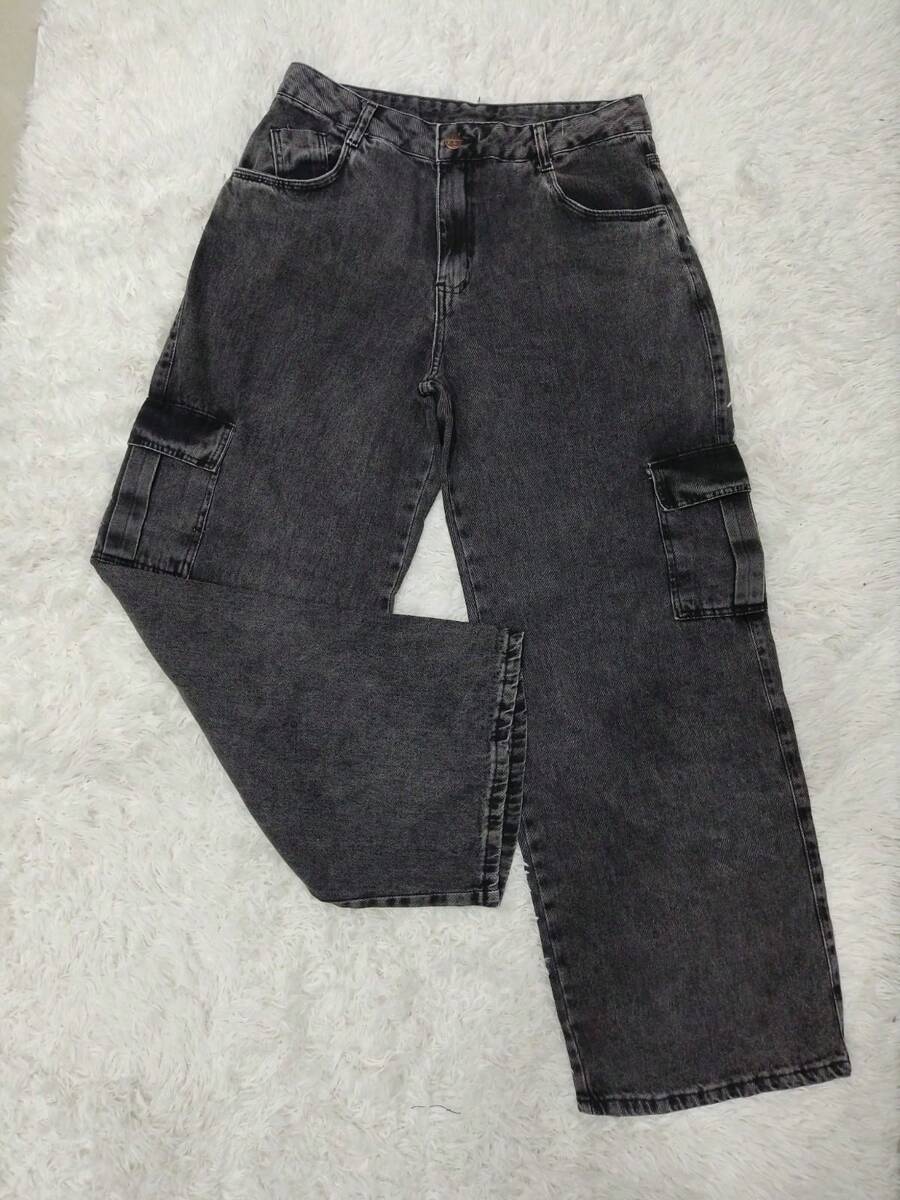Calça jeans feminina cargo de wide leg de cintura alta plus size com mamorizada grafite