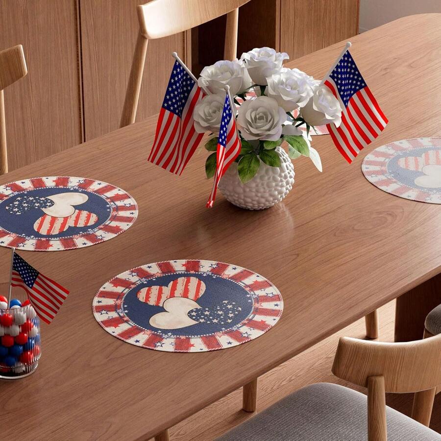 4pcs/Set 38x38cm Round Placemats With Heart, Stripe, Stars Design, Patriotic For 4th Of July Memorial/Independence Day Tabletop Decor