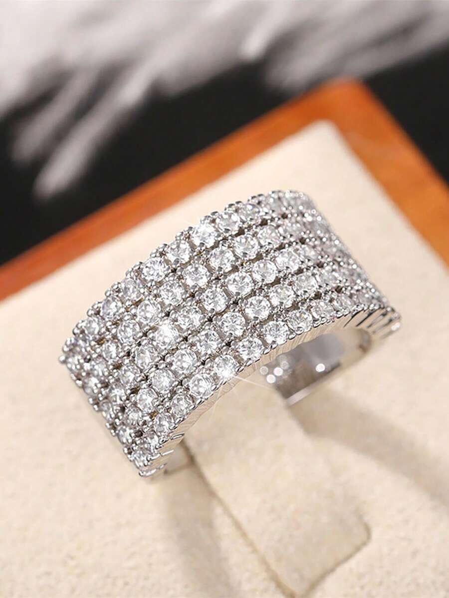 Stylever 1pc 925 Sterling Silver Deluxe Five Rows Full Of Zirconia Ring Fine Jewelry Gift For Women Elegant Ring Daily Versatile Style Party Decoration Fine Gift For Women