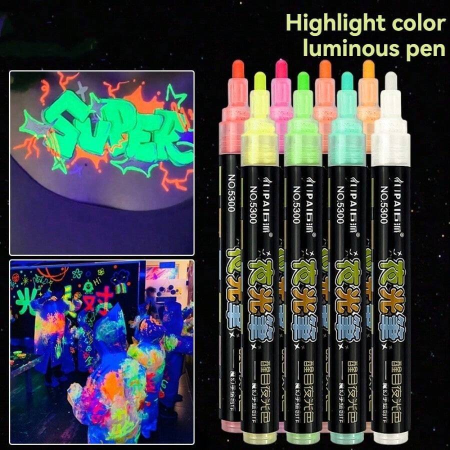 1 pieza Bolígrafo marcador de acrílico luminoso, pincel para pintura de graffiti luminoso de colores DIY y creativo. Disponible en 8 colores. Muy adecuado para pintura de tela y crear un ambiente animado en fiestas. De vuelta a la escuela
