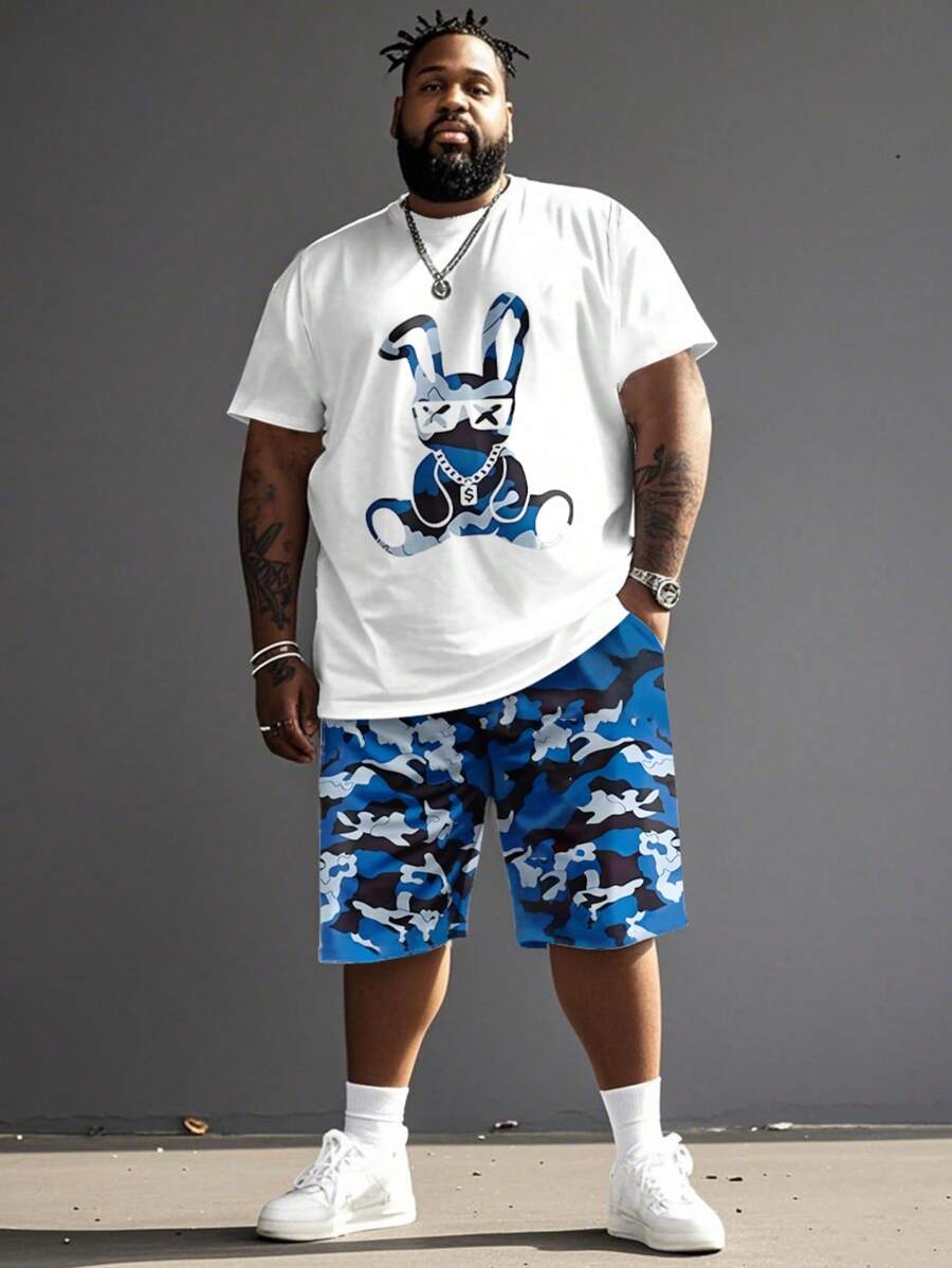 Plus Size Men Street Style Graffiti & Camo Print T-Shirt And Shorts Set