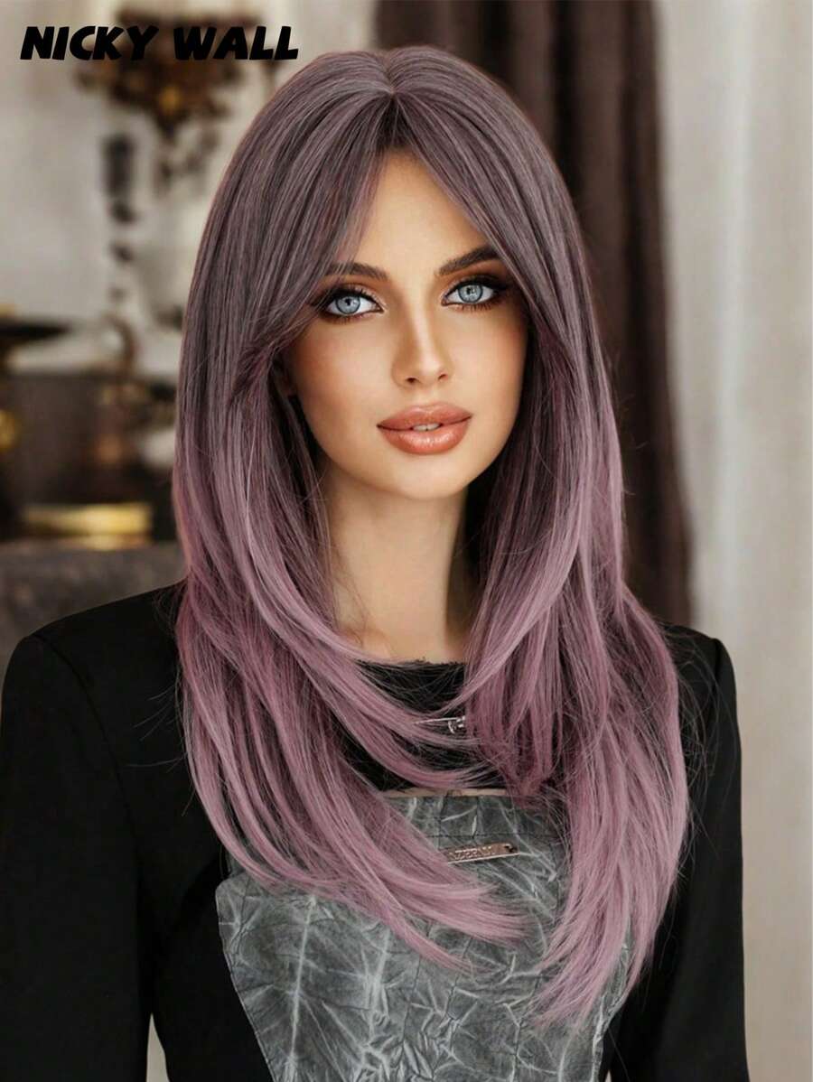 NICKY WALL Ombre Pink-Purple Wigs Long Straight Layered Wig With Curtain Bangs Soft Natural Looking High Density Wig Synthetic Heat Resistant Fiber Wigs For Women & Girls Daily Party Four Seasons Use