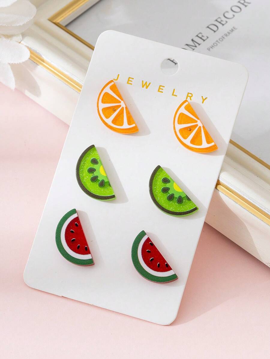 3 paires/set Boucles d'oreilles à clous pour femmes avec motifs de fruits orange, kiwi, pastèque, convient pour un port quotidien et les vacances à la plage