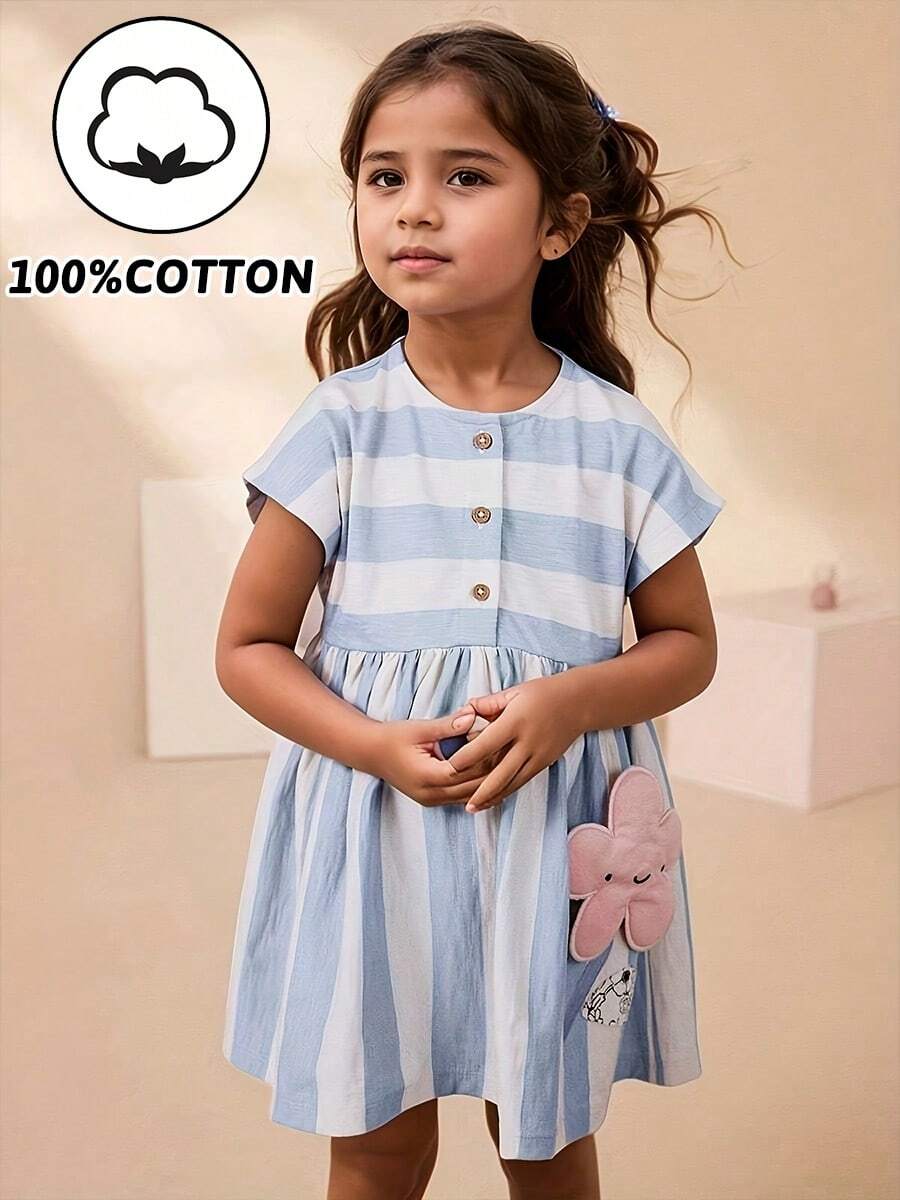 1 pieza Vestido de niña de algodón de punto de manga corta con rayas azul y blanco con decoración de bordado 3D de flores, estilo dulce para primavera y verano, transpirable