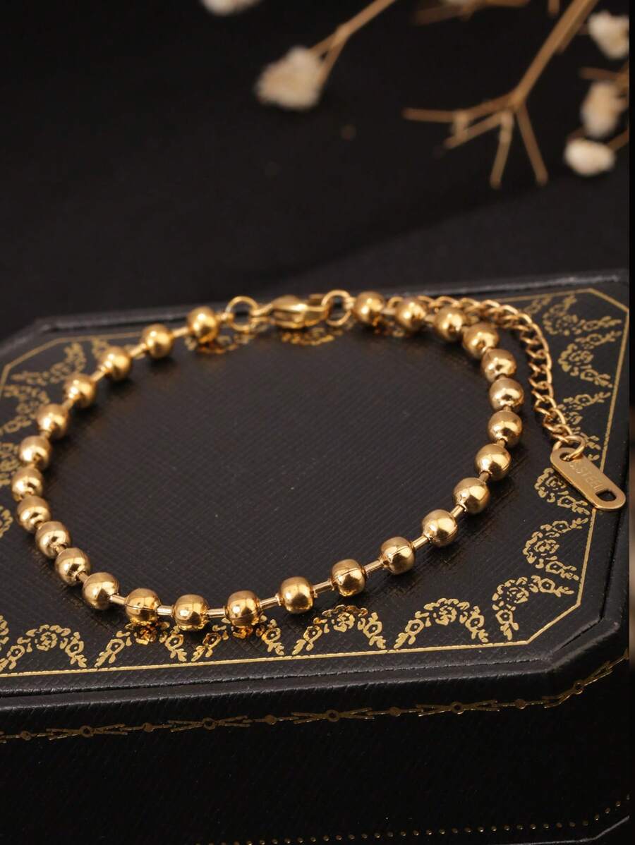1pc 18K Gold Color Bead Chain Stainless Steel Adjustable Bracelet, Geometric Minimalist Design, Suitable For Men And Women Daily Wear, Girlfriend Gift