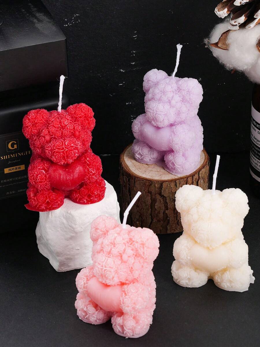 1pc Rose Flower Valentine's Day Heart Small Bear, Suitable For Graduation Season, Wedding Favors, Wedding Table Decor, Holiday Atmosphere. Candle And Aroma Diffuser Set For Girlfriend, Pink/Red/White Romantic Creative Room Decor, Love Confession, Scented Candle Storage, Gift For Girlfriend Holiday Romantic Atmosphere Home Decor Gifts Birthday