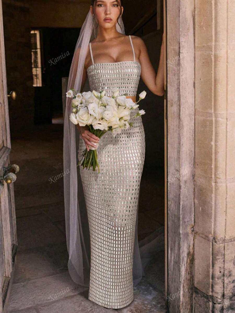 2 peças Conjunto de Vestido Elegante de Mulher com Alças Finas, Fenda Sexy e Brilho de Strass, Perfeito para Coquetel, Banquete, Vestido de Gala