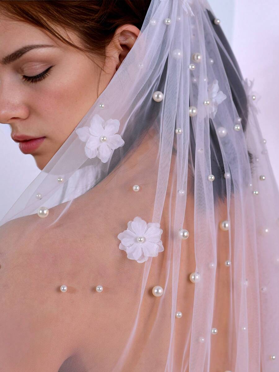 1pc Single Layer Bridal Veil Flower & Pearl Decor Hair Comb, Minimalist & Romantic Design, For Wedding & Occasions