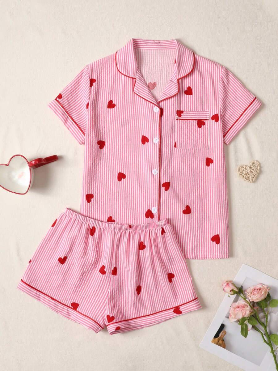 Dames zomer pyjamaset met korte strepen en hartjesprint - top met korte mouwen, kraag en broek, zachte nachtkleding, machinewasbaar, kan buiten gedragen worden, vakantie