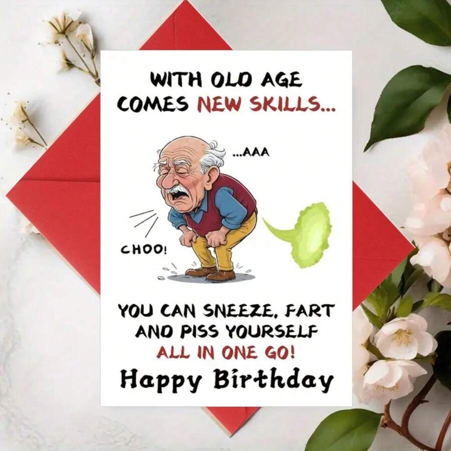 Humorous "New Skills With Age" Birthday Greeting Card For Grandfather, Brother, Or Friend, Versatile Celebration Card