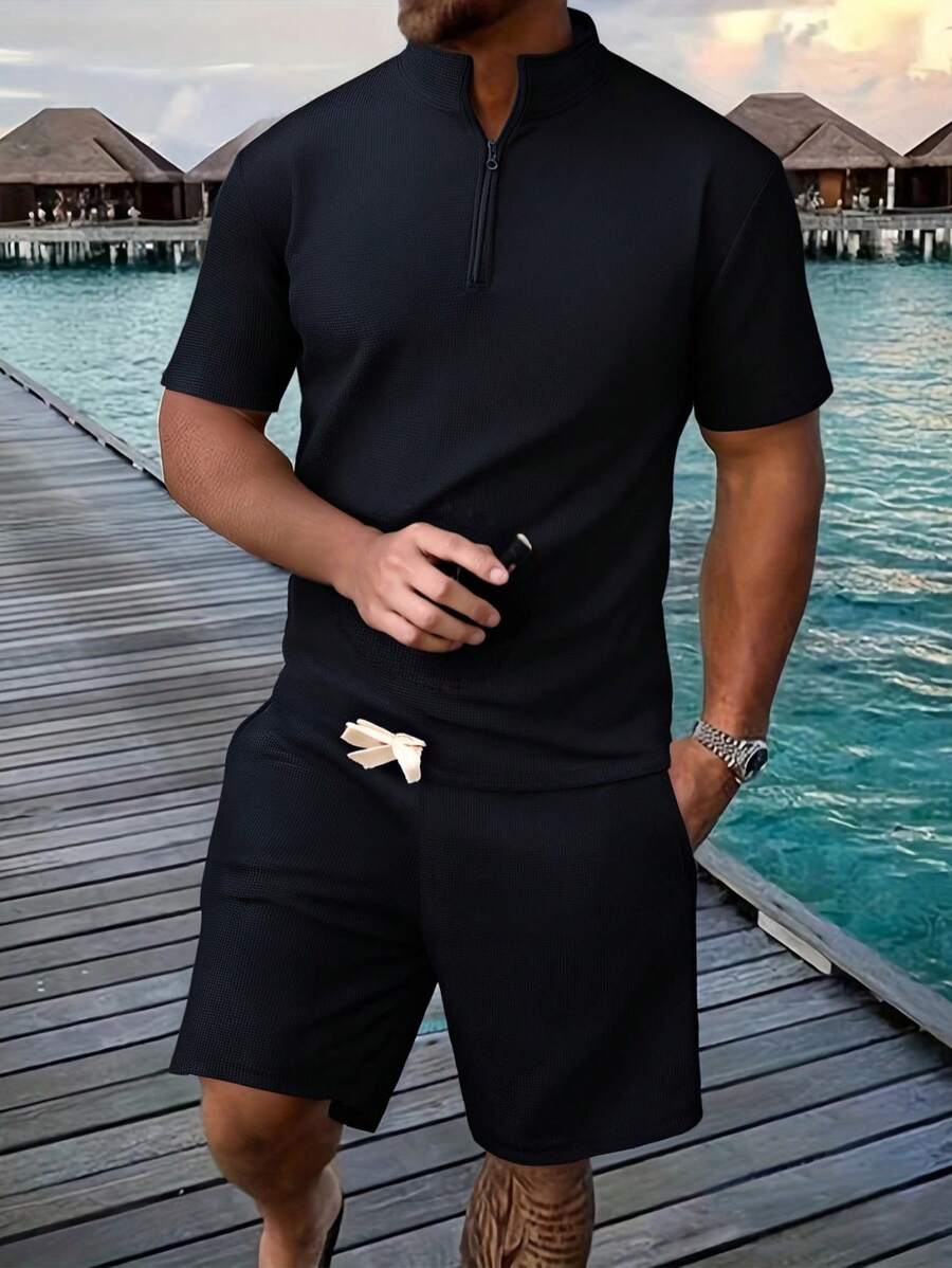 Conjunto deportivo informal de camiseta de manga corta y pantalón corto para hombre, color negro