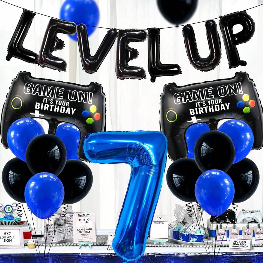 30 Stücke/Set Videospiel Geburtstags Party Dekoration, beinhaltet "Alles Gute zum Geburtstag" Banner, blaue Zahl Luftballons, aufgewertete schwarze Buchstaben Luftballons, Gaming-Controller Luftballons, geeignet für 12., 18., 10., 7. Geburtstag Videospiel-thematische Partydekorationen, Innen- und Außenaktivitäten, Gamer Party Deko