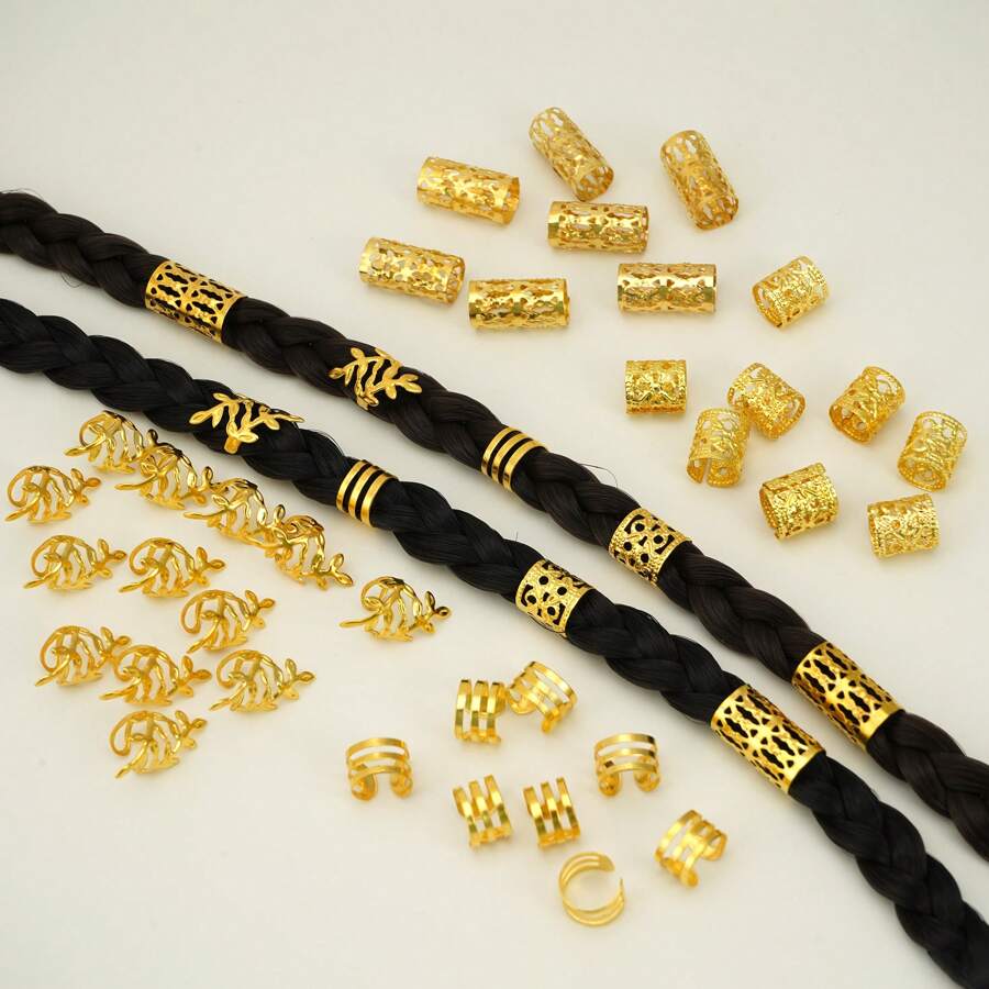 40 piezas Anillos huecos para el cabello, Cuentas de rastas Anillos de trenzado del cabello Clips Accesorios de metal para trenzas Decoración/Accesorios Juego de lazos dorados para el cabello, estilo callejero, accesorios para el cabello trenzado de fiesta Tocado dorado/plateado