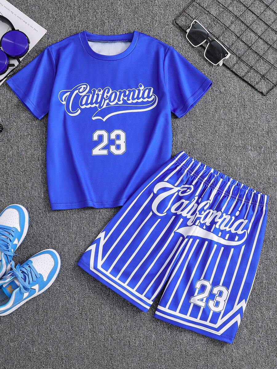2pcs Boys Athletic Sports Number 23 & Los Angeles Letter Print Solid Tee & Striped Shorts Set, Spring/Summer