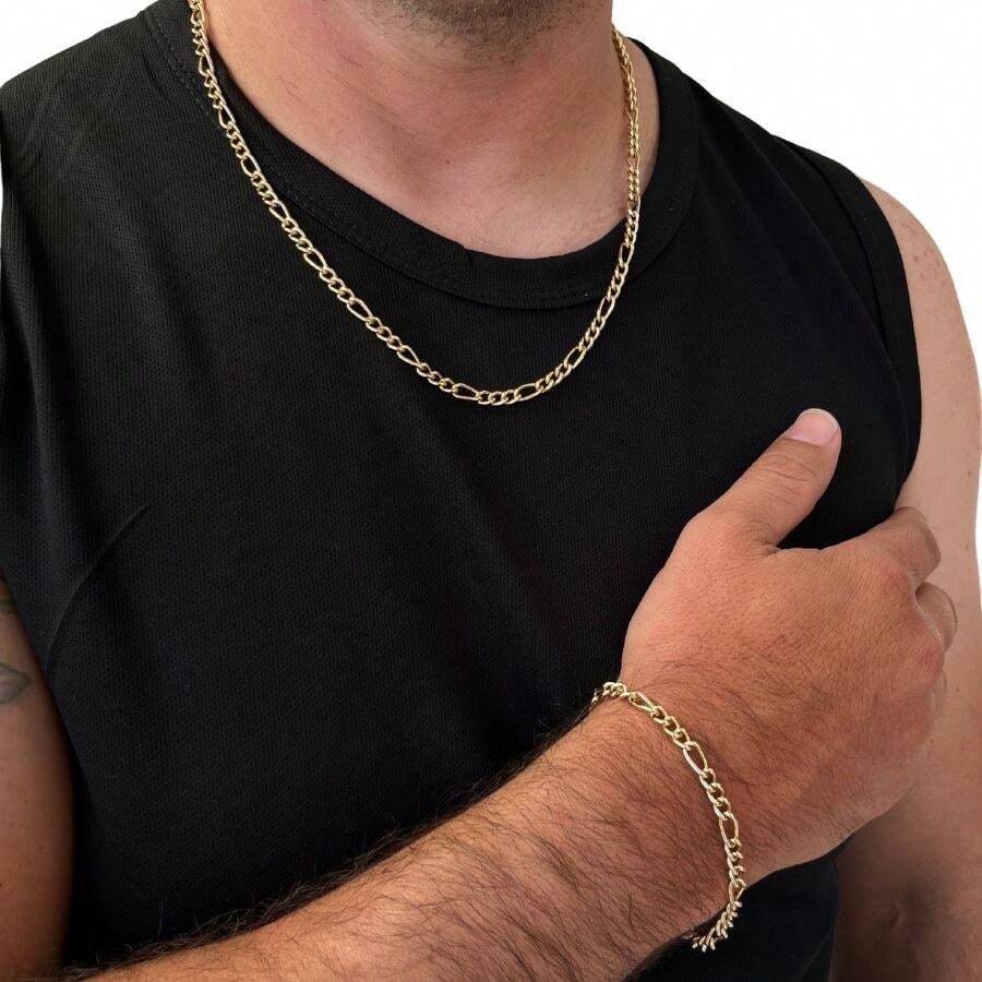 KIT COLAR E PULSEIRA MASCULINO CORRENTE BANHO DE OURO 18K