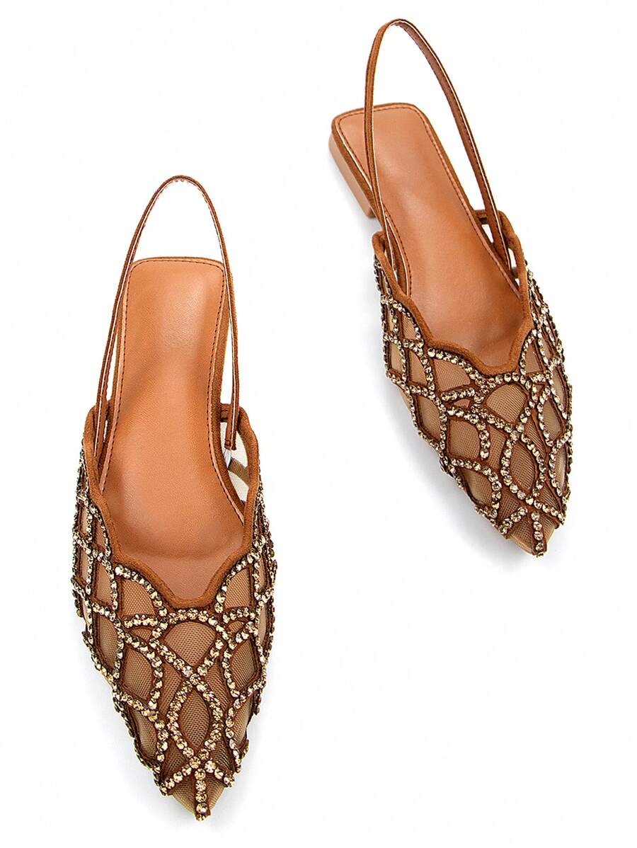 Damen elegante völlig mit Strass verzierte, Cut Out ausgeschnittene braune Wildleder Mesh geschlossene Zehenschuhe mit Slip-On, bequem für täglichen Tragen und Party