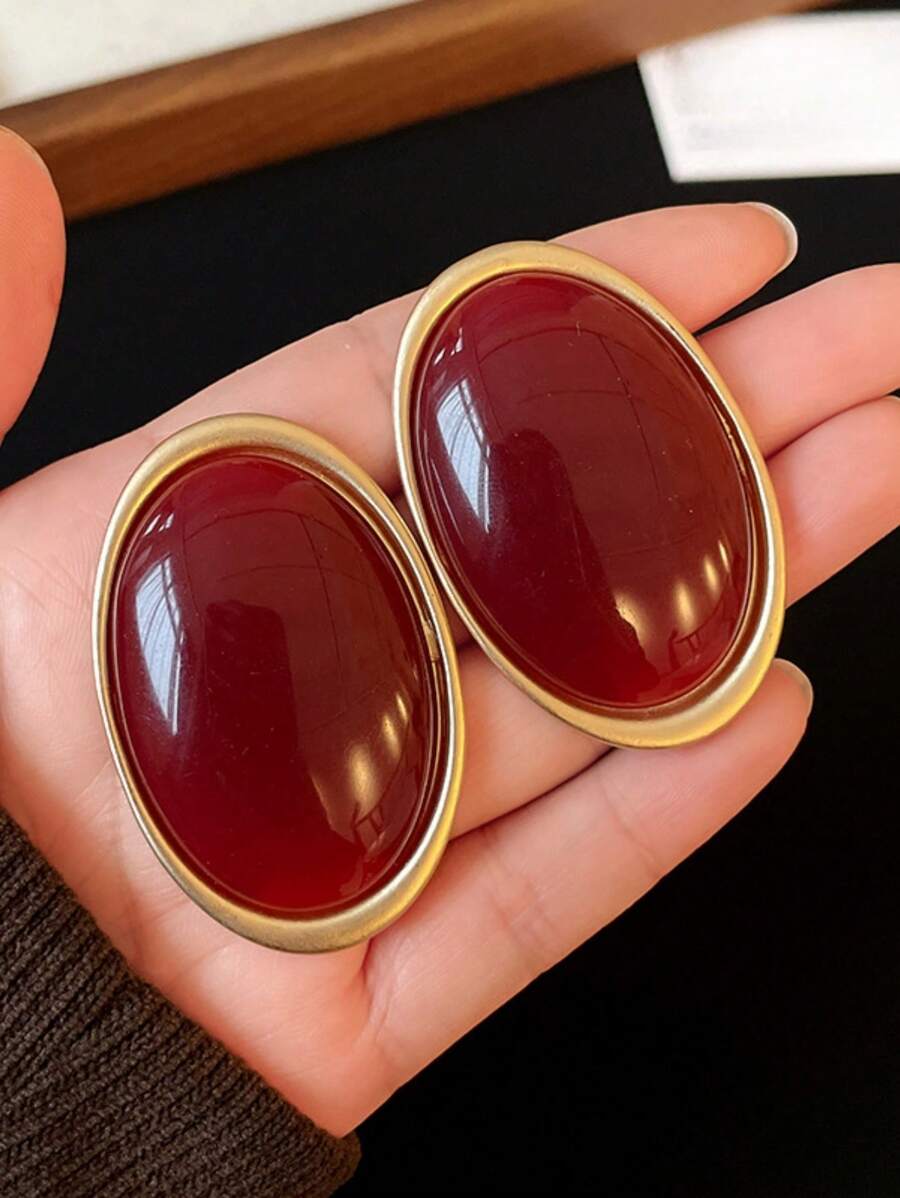 1 Pair Metal Oval Red Exaggerated Earrings, Fashionable Minimalist Royal Style Ear Clips For Women & Girls, Weddings & Parties