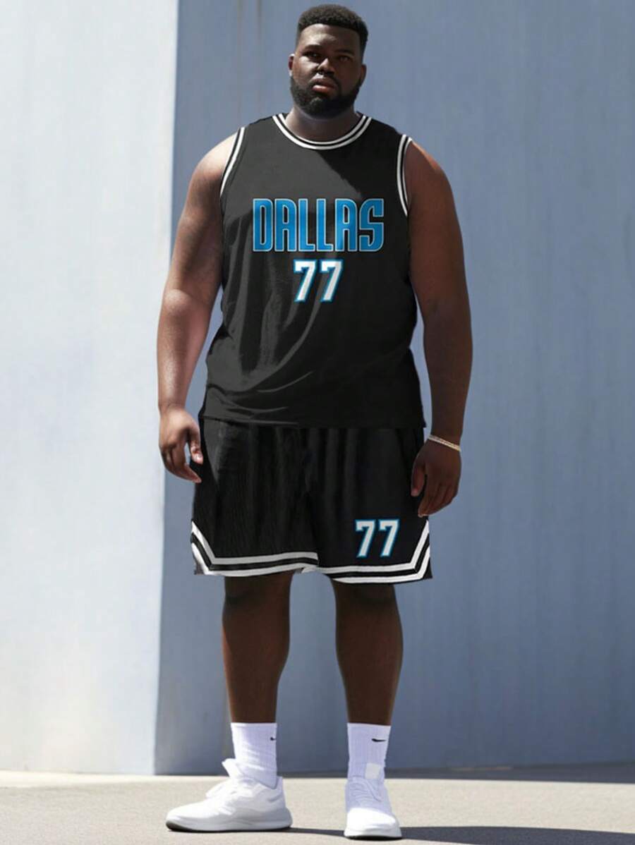 1 Set Plus Size Men's 77 Letter Print Vest Suit - Breathable Mesh Polyester, Round Neck Vest And Shorts, Suitable For Basketball Sports, Party Training, Street Fashion Outfit