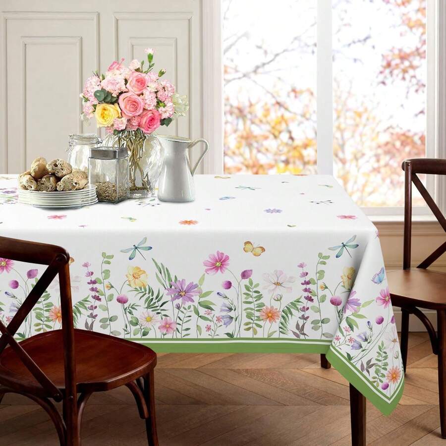 1pc Floral Rectangle Tablecloth, Washable Dinner Table Cloth With Flower Pattern Design, Suitable For Living Room, Dining Room, Picnic Party, Seasonal Home Decor, Spring/Summer