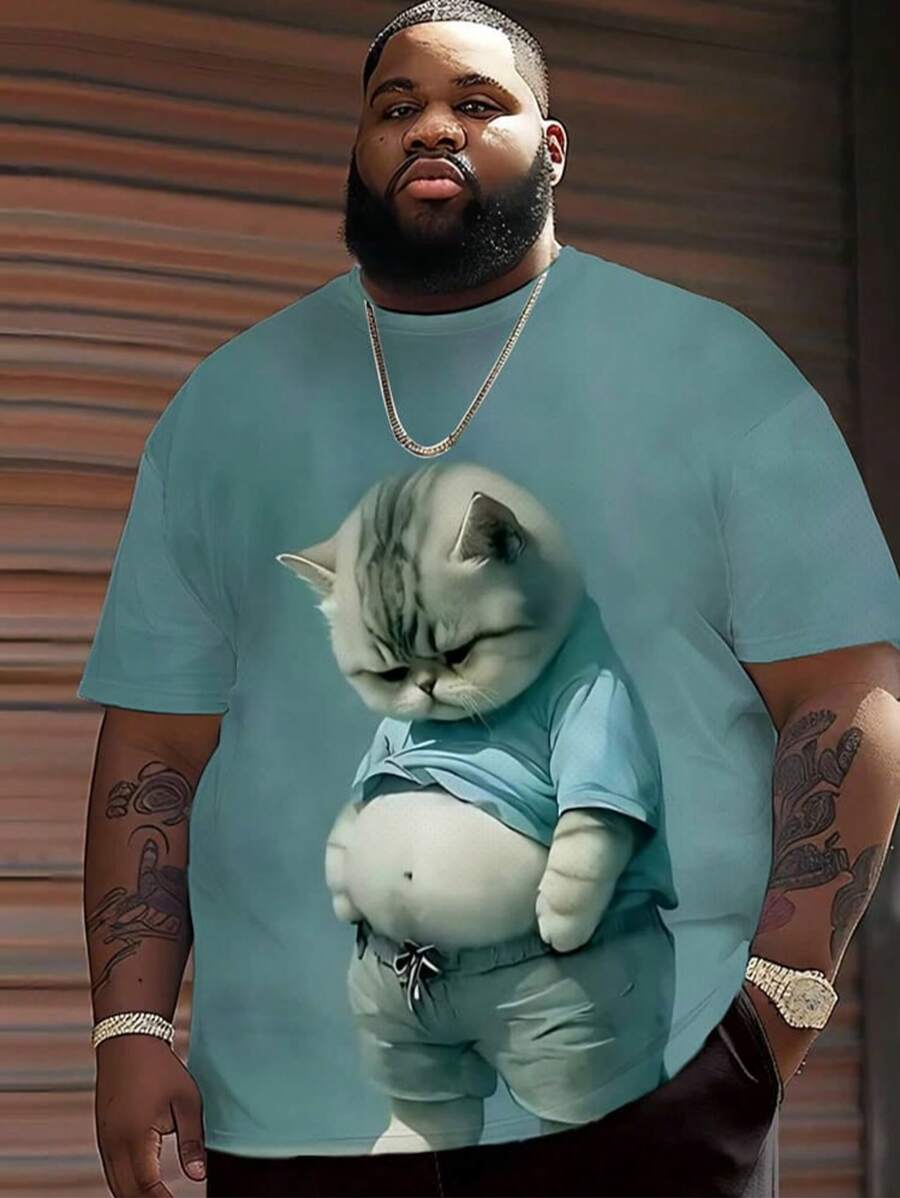 Plus Size Men's Casual Short Sleeve T-Shirt, Cute Cat Print Pattern, Breathable & Unique Design