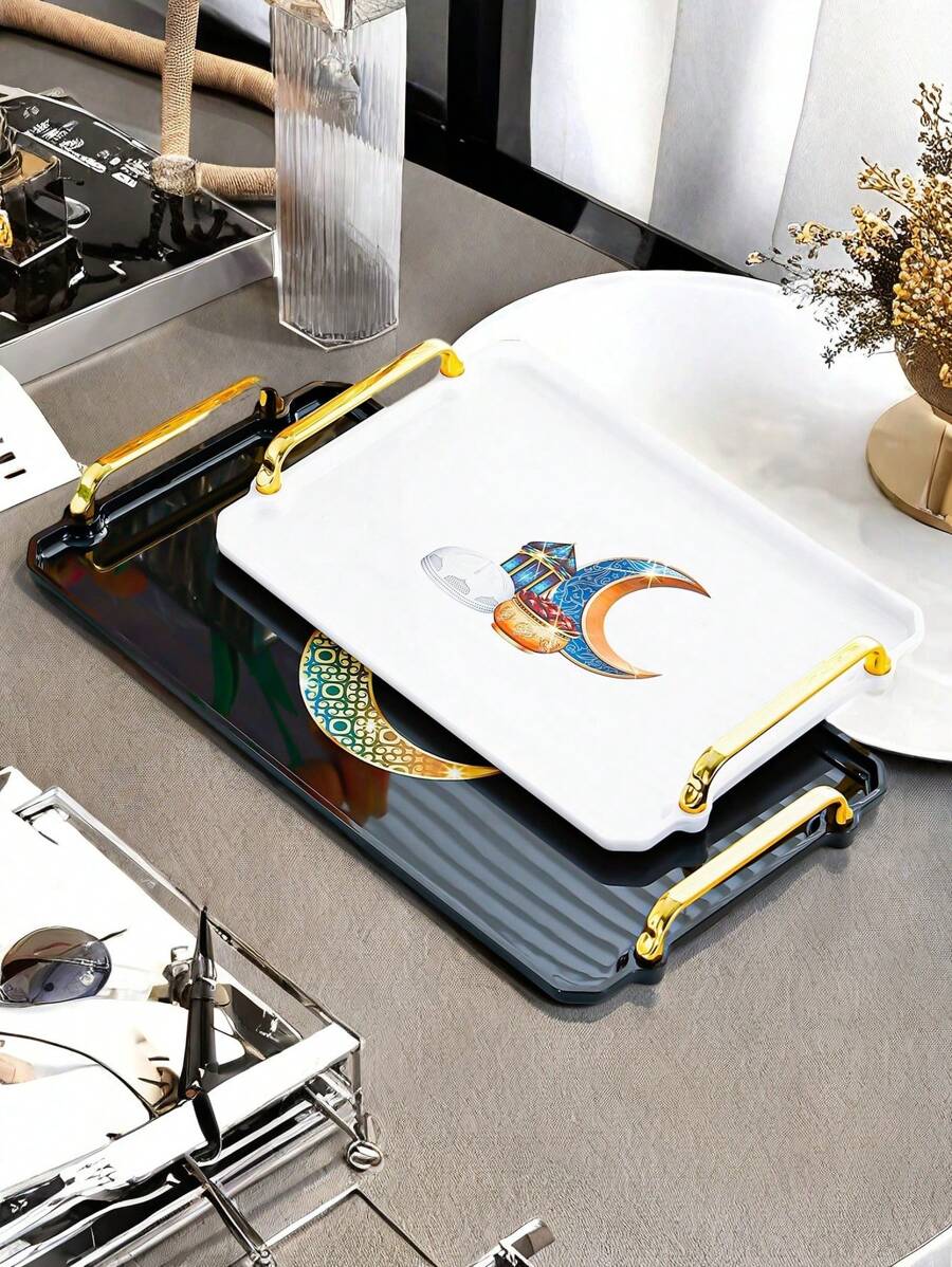 1 pièce Plateau de service en plastique thème céleste avec design de phare et de lune - idéal pour placer le thé, les desserts et les amuse-gueules dans la cuisine, la salle à manger ou le salon - parfait pour les mariages, les anniversaires et les cadeaux, plateau décoratif, vaisselle unique, traiteur, fêtes