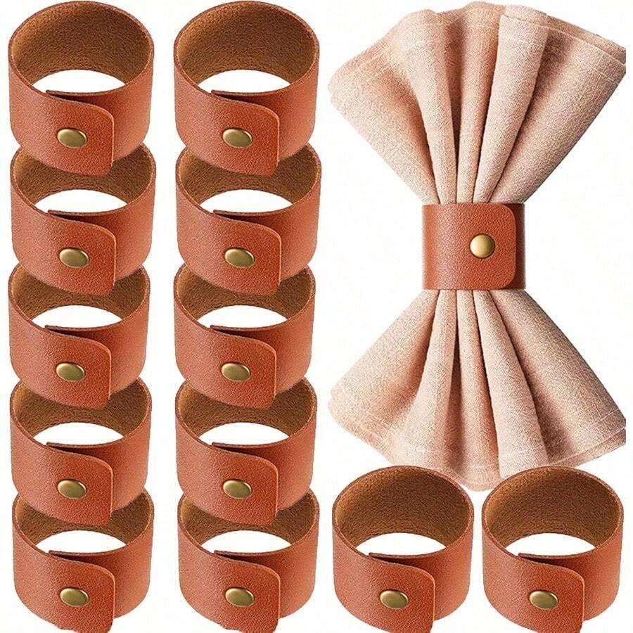 12 PCS Leather Napkin Rings Vintage Buckle Napkin Holder For Table Decor, Wedding, Fall Dinner Party Thanksgiving Day Table Napkin Ring Ornaments Classic Brown Leather Napkin Rings