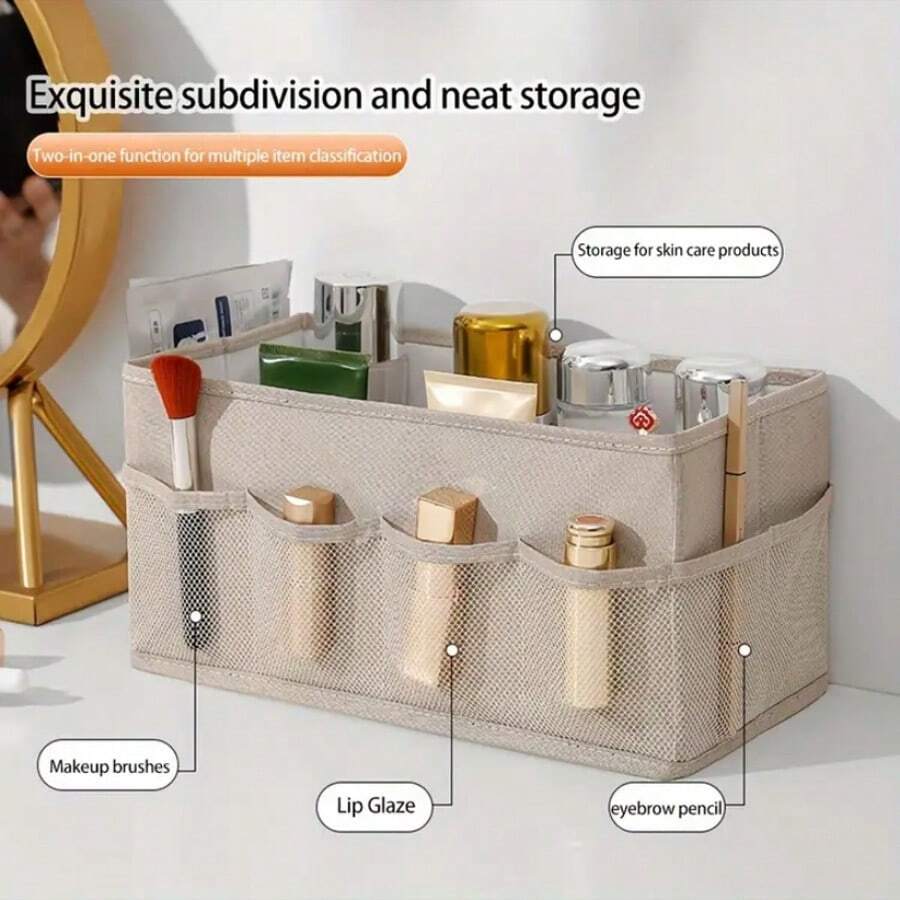1 Stück Multifunktionale Schreibtisch Organizer Box mit Mesh Taschen, aus Polypropylen Material, faltbares Design zur Aufbewahrung von Kosmetik, Schmuck, Spielzeug, Snacks, Büchern und persönlichen Gegenständen