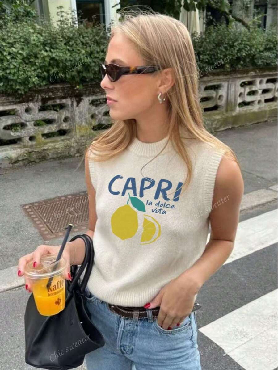 Nouveau printemps été Col rond vintage Décolleté ajouré Gilet CAPRI Motif citron Désinvolte Col ras du cou Oversize T-shirt manches courtes pour femmes grande taille, Imprimé été, T-shirt d'été, Simple et , Bon pour le trajet, Gilet d'été pour femmes