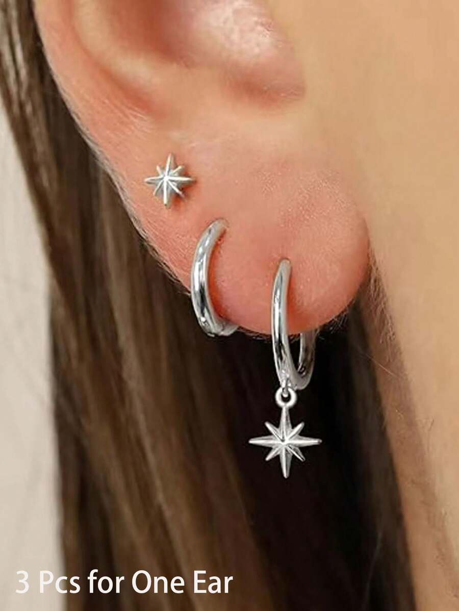 Conjunto de 3 brincos delicados, brincos banhados a ouro 14K com design de estrela, brinco de argola Huggie de cartilagem requintada hipoalergênica, conjunto de brincos para uso diário para orelhas sensíveis