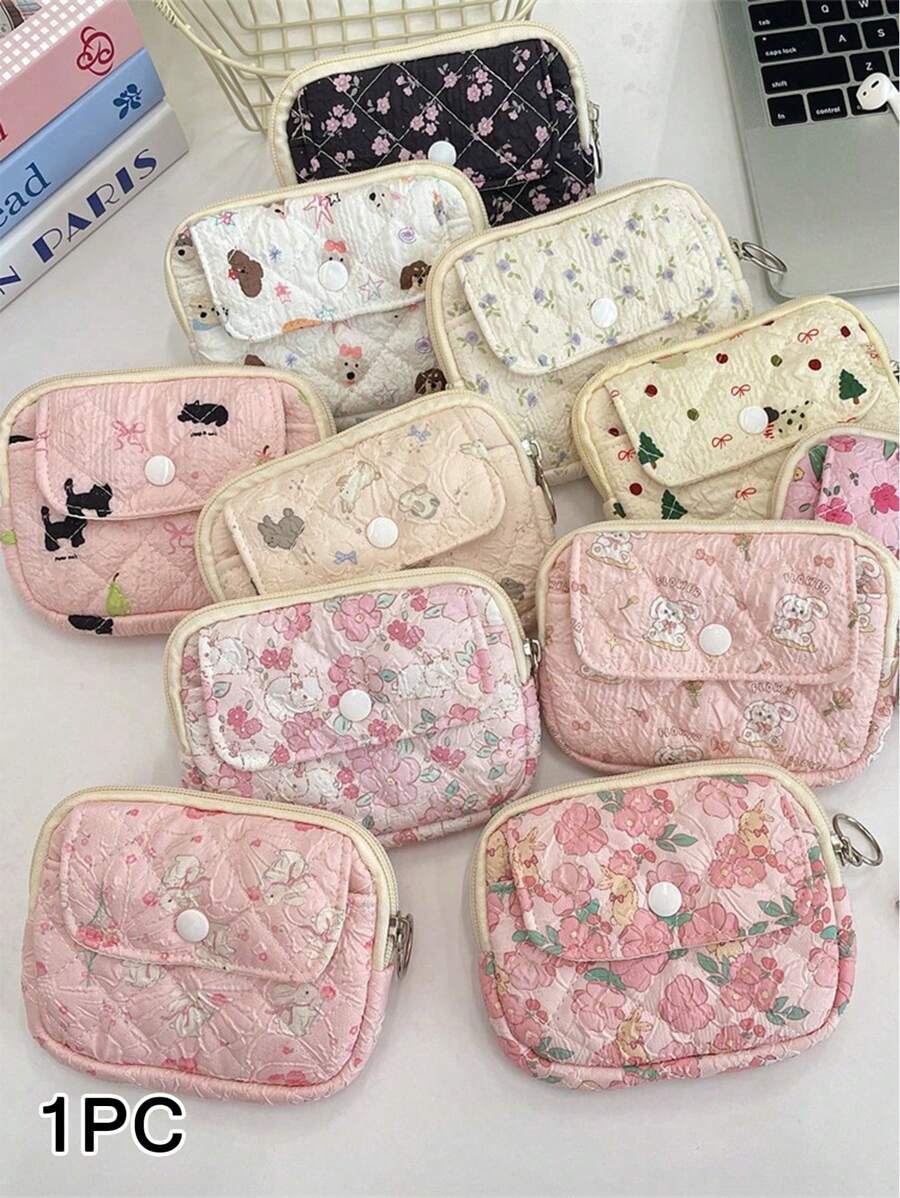 1pc Kawaii Quilted Flower Print Coin Purse With Bunny/Bowknot/Little Bear Pattern,Multifunctional Card Holder, Ins Style Korean Coin Purse Digital Bag Storage Bag.Portable And Stylish-Makeup Bag Portable Travel Toiletry Bag