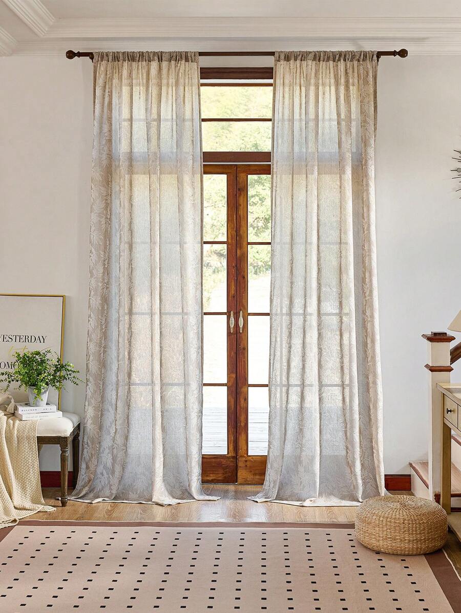 1pc Elegant French Style Linen Leaf Jacquard Curtain Sheer For Balcony, Living Room, Bedroom