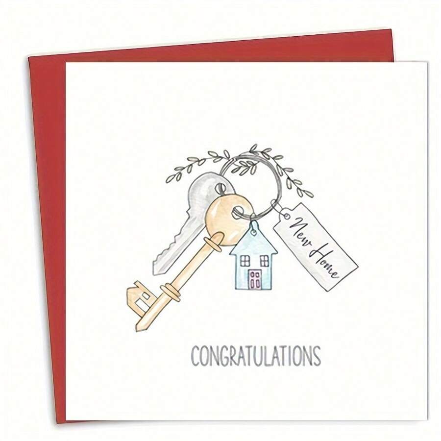 1 pièce Carte d'inspiration "Friends" "Félicitations pour votre nouvelle maison" avec illustration de clé et de maison - cadeau parfait pour le nouvel emménagement, carte de félicitations pour les nouveaux propriétaires (avec enveloppes rouges)