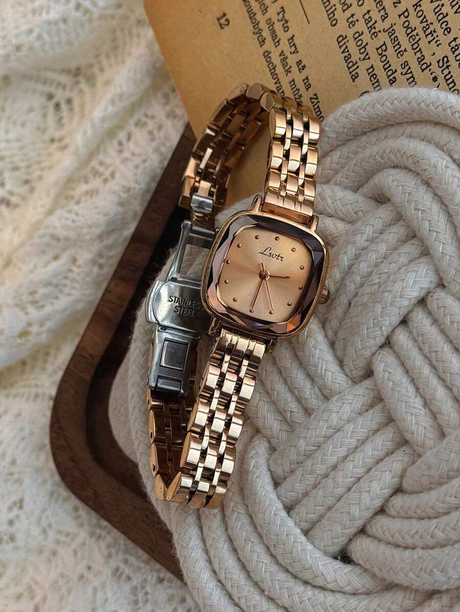 1 nuevo reloj de cuarzo dorado de estilo clásico francés retro, de alta gama, elegante y pequeño, con una pulsera de acero inoxidable sólido de alta calidad y hebilla de mariposa, de estilo artístico de moda y sencillo, de diseño de nicho elegante y encantador, apto para uso diario y como regalo de cumpleaños