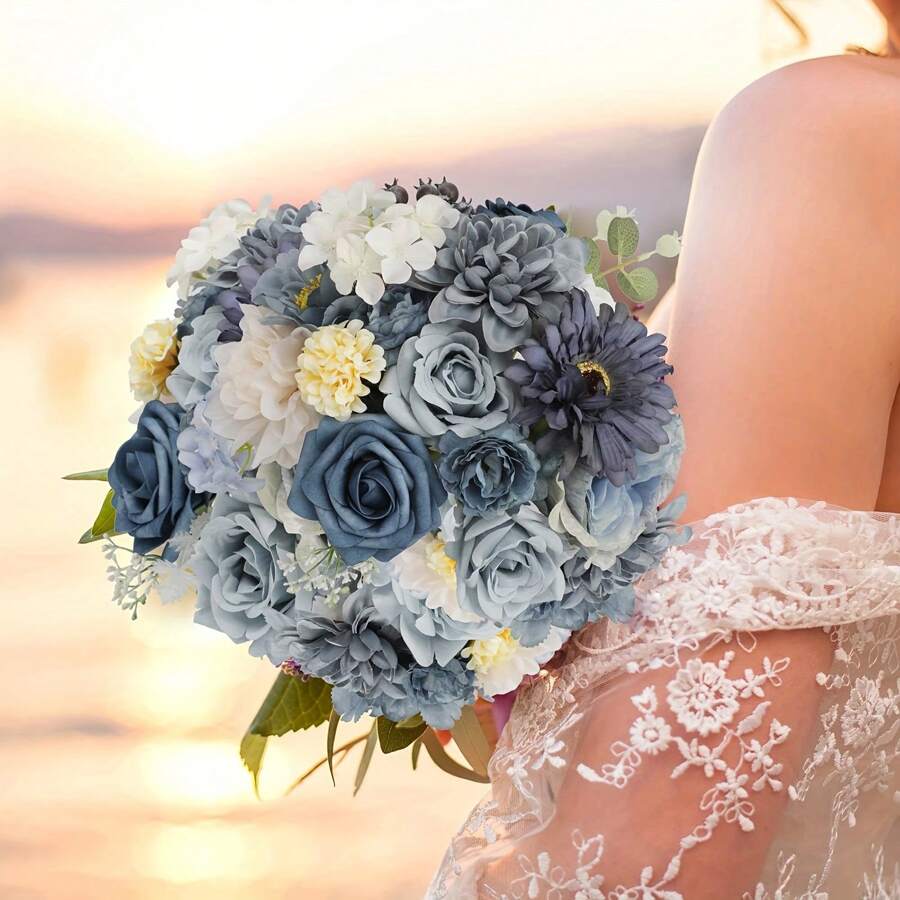 Vintage Dusty Blue Artificial Flowers Bouquets Box Set For DIY Bridal Wedding Decorations, Perfect For Weddings, Engagements, Home Decor & Special Occasions Like Valentine's, Mother's Day & Birthdays, Fake Floral Arrangements For Party Table Centerpieces Home Decor Indoor Outdoor And Youngsters Shower Decorations, Festive Flower Arrangement, Summer Gifts Beach Back To School School Supplies Room Decor