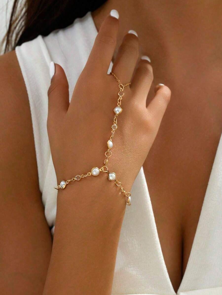1pc Women Summer Elegant Minimalist Faux Pearl Finger Ring & Bracelet, Suitable For Everyday Wear, Party, Beach Resort