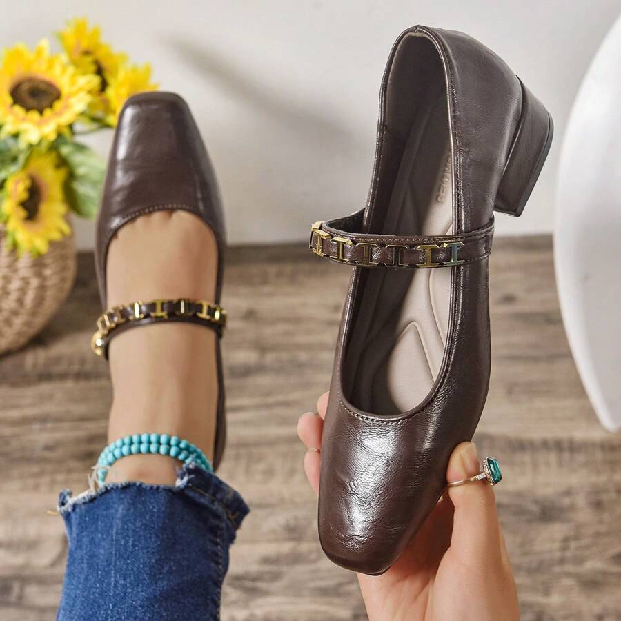 Women's Metal Chain Mary Jane Flat Shoes, 2025 Spring New Arrival, Fashion Buckle Retro Casual PU Leather Thick Heels, Elegant, Bohemian, Suitable For Beach Party, Office, Home & Outdoor, Spring/Autumn