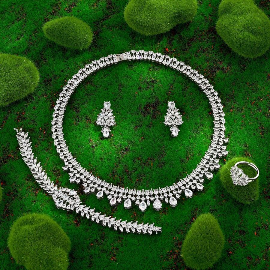 Lujoso conjunto de joyas de 4 piezas con circonia cúbica para mujeres, ideal para bodas en Nigeria y Arabia Saudita. Incluye 4 piezas de accesorios de joyería