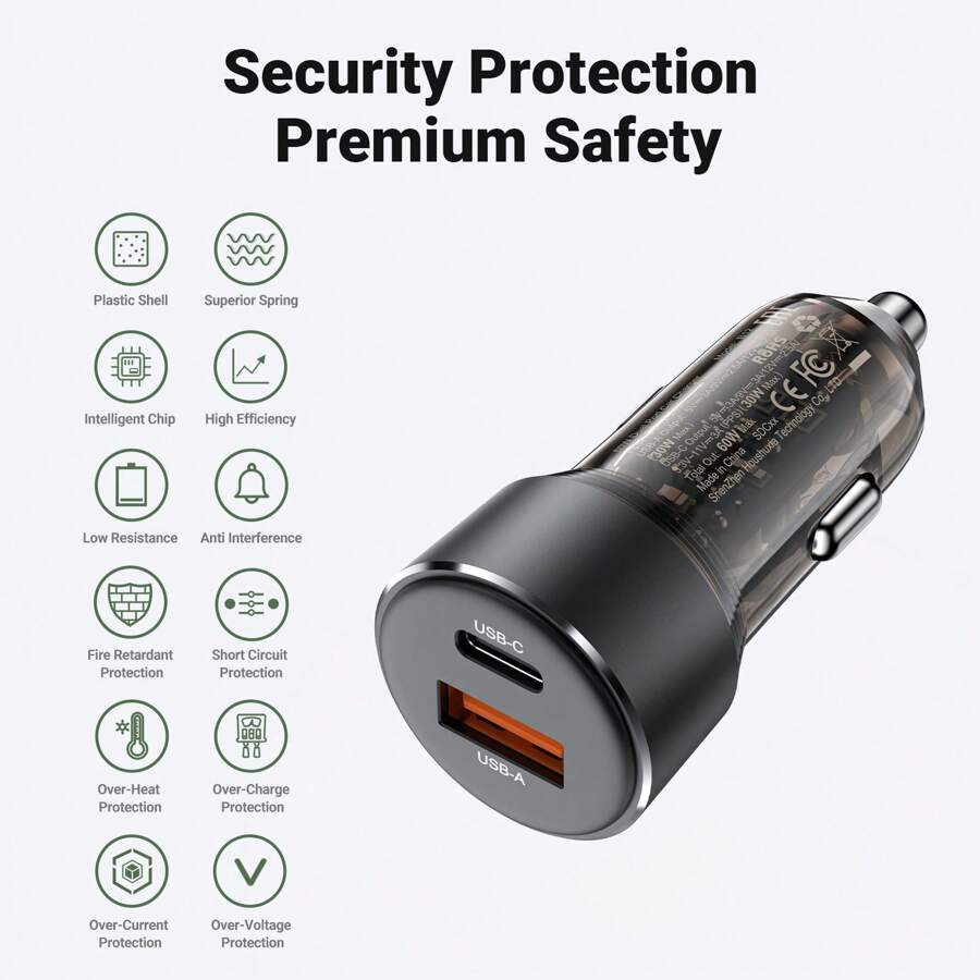 ACEFAST ACEFAST 60W Dual-Port Car Charger USB-C PD3.0 & USB-A QC3.0 Fast Charger Adapter For Phones Tablets