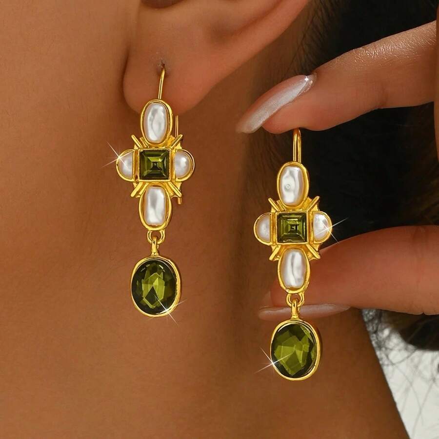 Aretes vintage de cristal y perla falsos con diseño geométrico verde, accesorios elegantes y creativos para fiestas
