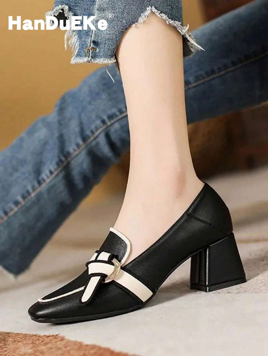 HanDuEke Women's High Heel Loafers 2023 Autumn Winter New Arrival, Vintage Color Block Embroidered Soft Leather Pumps, British Style Slip-on Shoes, Plus Size