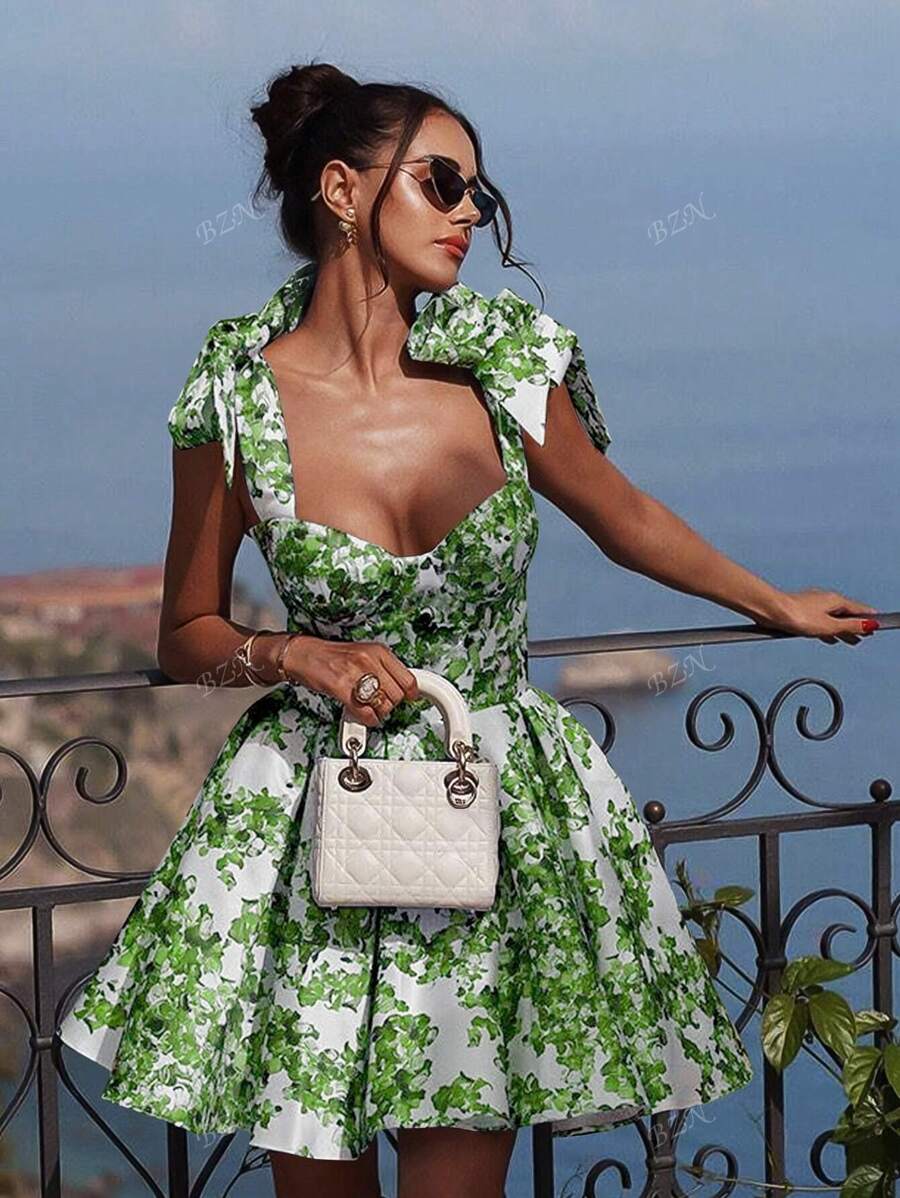 Abito corto da donna, stile vacanza, vestito attillato con stampa floreale e fiocco in vita, schiena scoperta e spalline sottili, abito elegante e vintage, vestito da cerimonia, ballo, festa e sera, nuovo abito casual per primavera, estate e autunno
