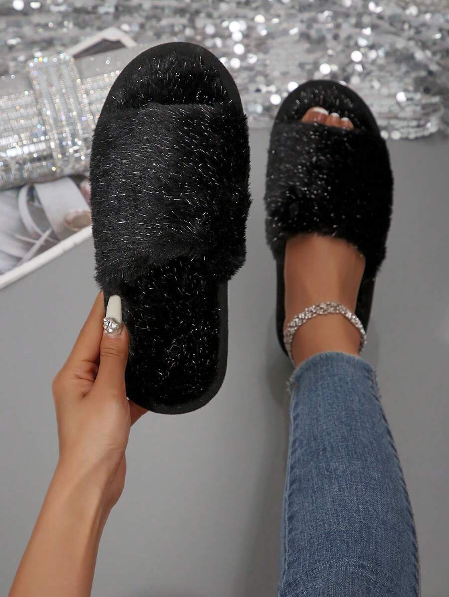 Women's Spring/Autumn Fluffy Furry Slip-On Slippers, Fashion Glitter Strap Open Toe Soft Sole Non-Slip Flat Sandals For Bedroom/Indoor,Gift For Mom, Black/Pink/Grey