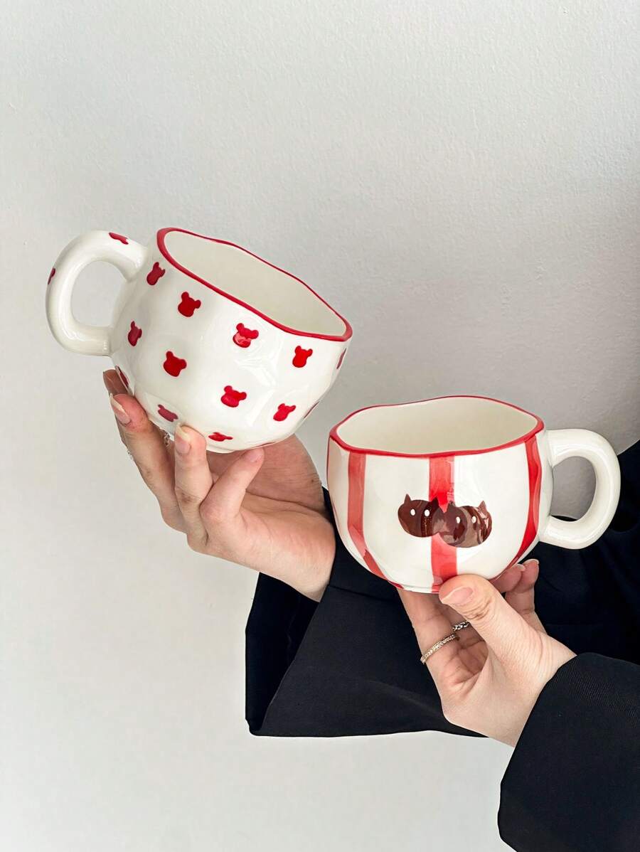 1pc Handpainted Asymmetrical & Asymmetric Ceramic Mug, High-Aesthetic Line Art Devil & Bear Style, Large Capacity Drink Cup For Home, Breakfast, Milk, Coffee, Graduation, Birthday, Holiday Gift For Girlfriend/Boyfriend