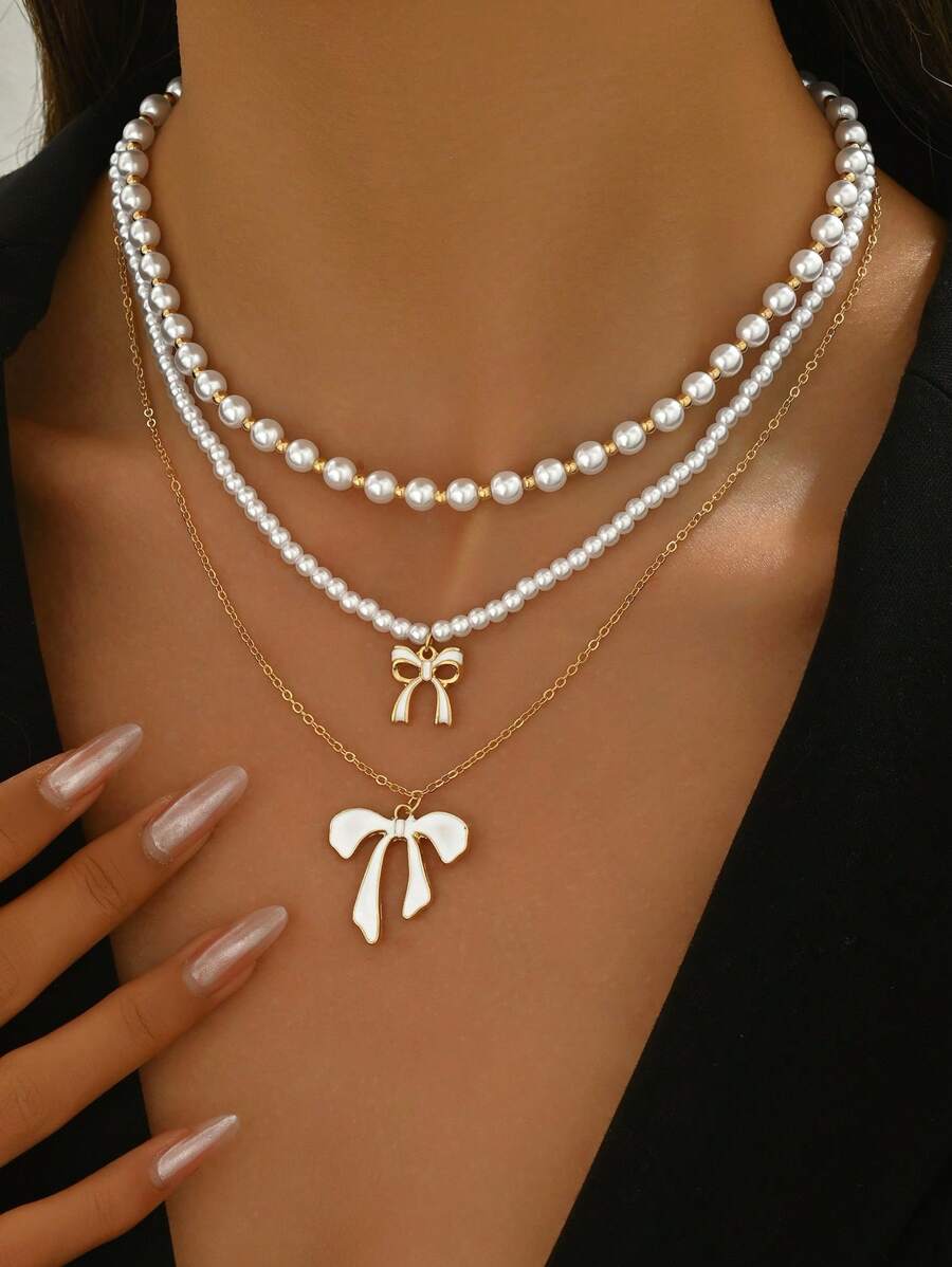 3 bucăți de lanț claviculă cu margele de perle elegante franceze, colier cu pandantiv cu arc metalic la modă, cadou de Ziua Mamei, cadou de Ziua Îndrăgostiților