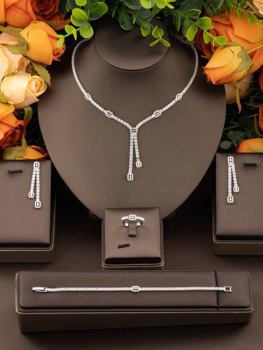 1 conjunto de joias retangulares de zircônia cúbica elegantes e luxuosas de alta qualidade, adequadas para casamentos e banquetes femininos, incluindo 1 par de brincos, 1 colar, 1 pulseira, 1 anel, sem caixa de presente
