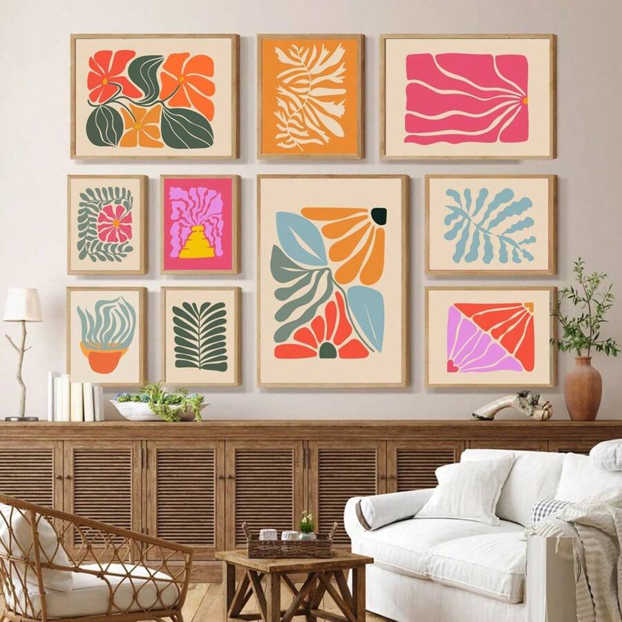 1/6 Impresiones de flores botánicas abstractas y coloridas, arte para pared ecéctico, arte de pared con colores vibrantes retro, impresiones de flores onduladas, arte maximalista, impresiones del mercado de flores vintage, pósteres de colores, decoraciones de pared, con opción de marco, para decoración del hogar