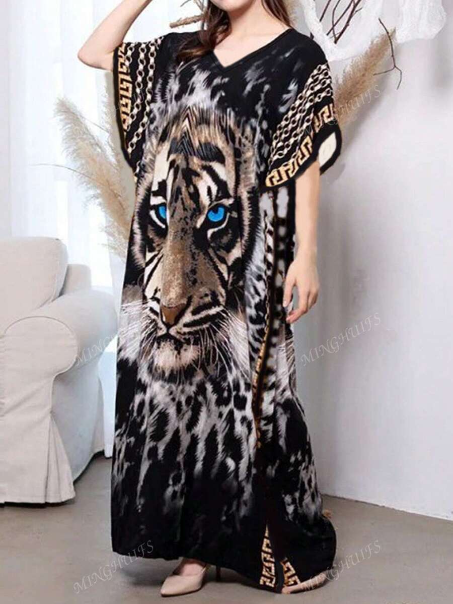 Women Relaxed Fit Vacay Beach Kaftan Dress - Chic Bohemian-Inspired Cover-Up With Flattering V-Neckline, Easy Pullover Design, And Vibrant Tiger Print Pattern - Perfect For Beach Trips And Warm Weather