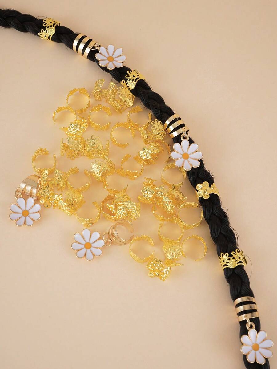 Set de 45 piezas de sortijas huecas para el cabello, cuentas para soñadores, clips de metal para trenzas de pelo, decoración/accesorios de cuentas de metal para rastas, estilo callejero, accesorios para el cabello trenzado para fiestas, adorno dorado para la cabeza