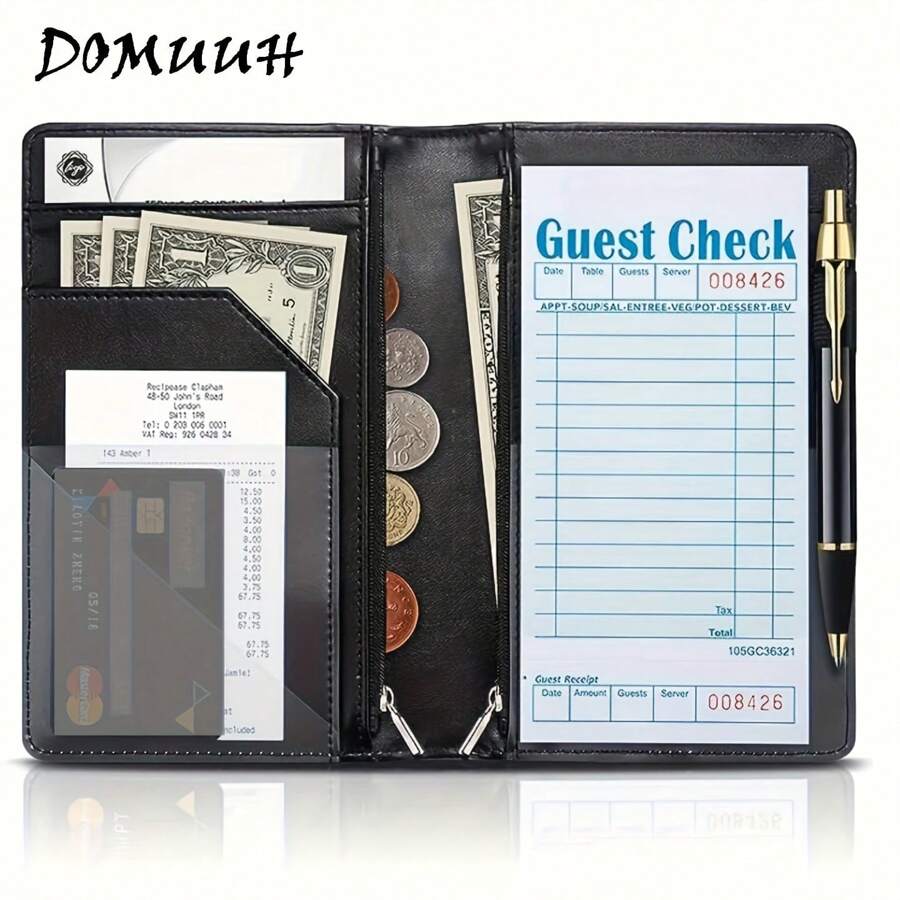 DOMUUH 1 Stück Server Notizbuch, Reißverschluss Server Geldbörse, süßer Server Organizer mit Münztasche, Server Schürze Zubehör, Menühalter, Hotel Server Menü Set, geeignet für Hotel, Restaurant, Café, Geschäftshotel Rechnungsmappe, Hotel-Essentials, Schulbedarf, Schulanfang